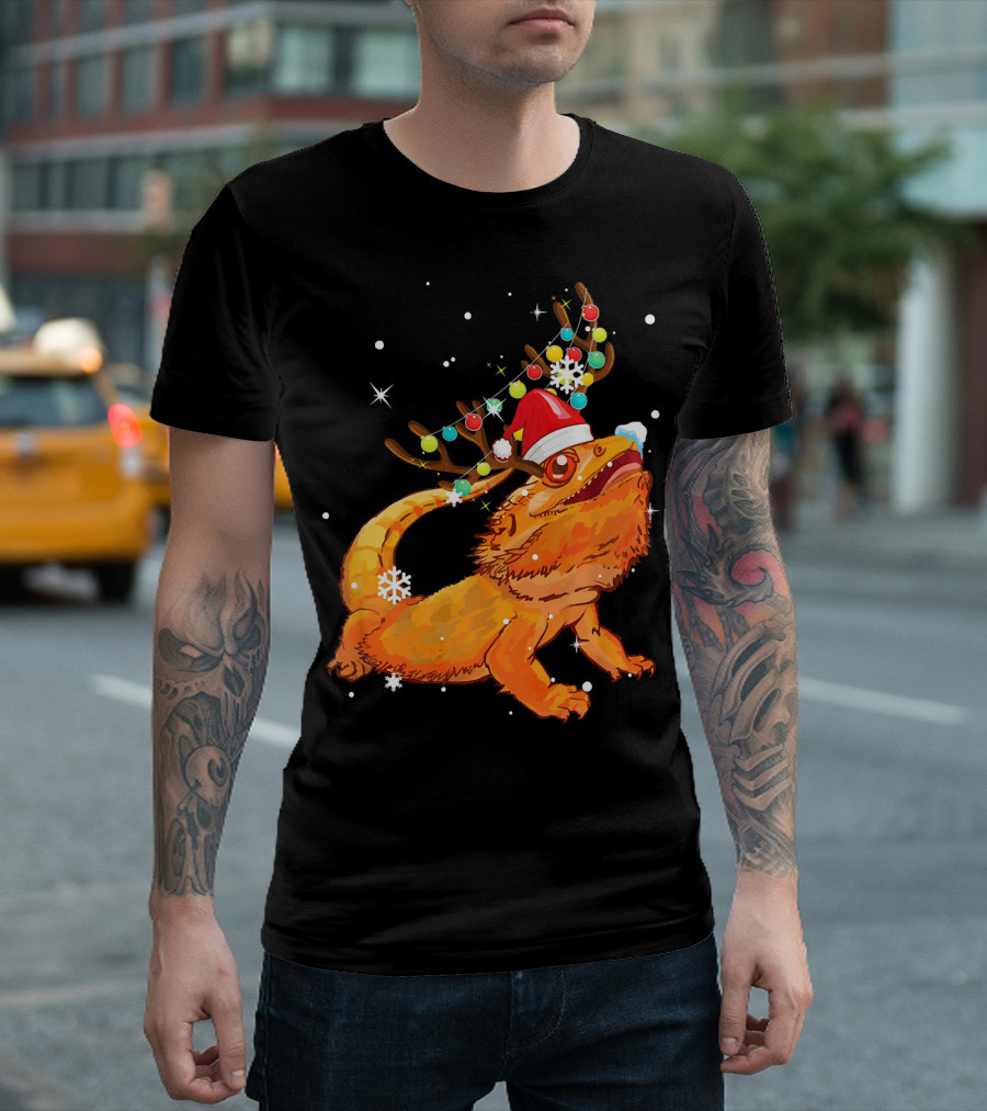 Christmas Bearded Dragon With Reindeer Antlers And Santa Hat T-Shirt