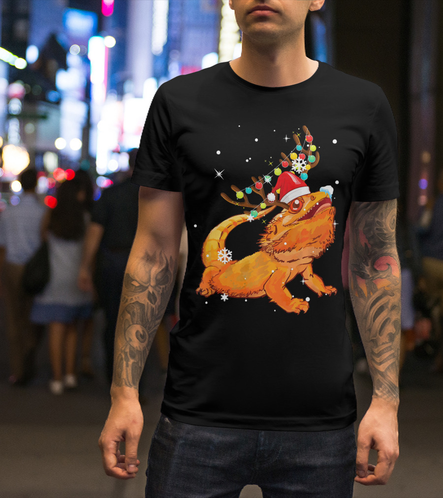 Christmas Bearded Dragon With Reindeer Antlers And Santa Hat T-Shirt