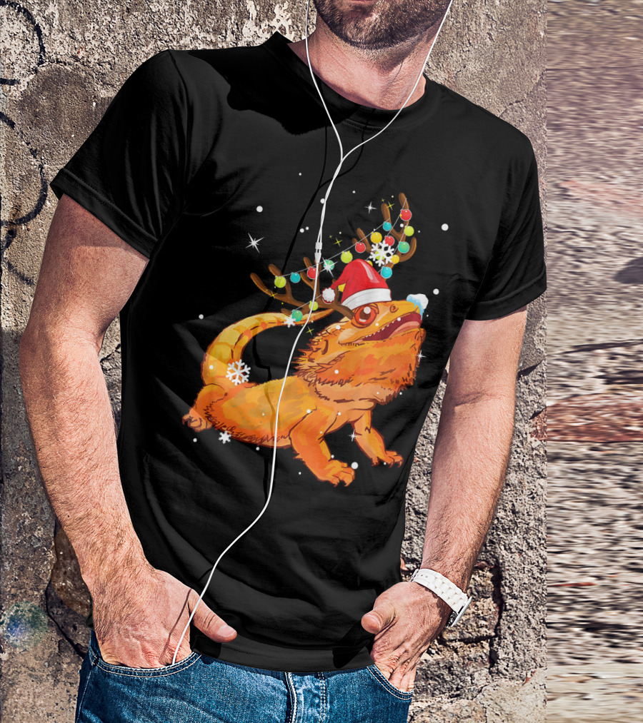 Christmas Bearded Dragon With Reindeer Antlers And Santa Hat T-Shirt
