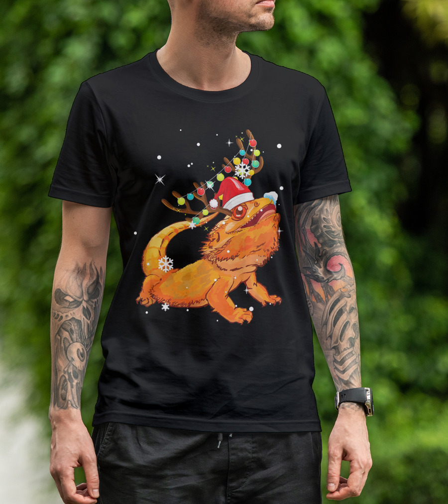 Christmas Bearded Dragon With Reindeer Antlers And Santa Hat T-Shirt