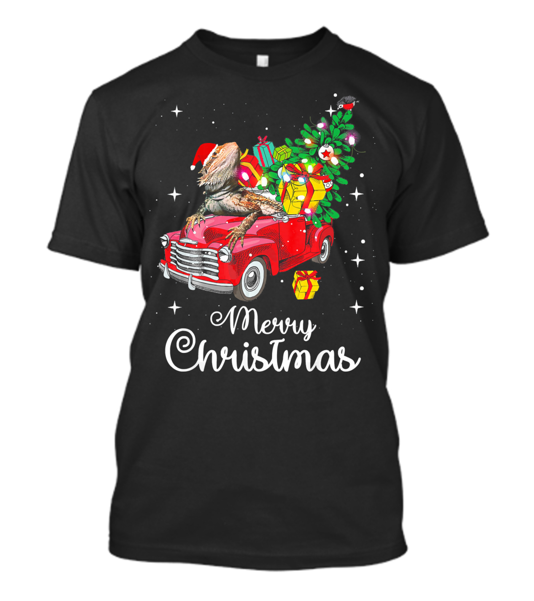 Merry Christmas Bearded Dragon Riding Red Truck With Gifts And Tree T-Shirt