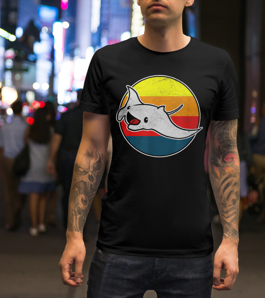 80s Retro Rad Manta Ray By Kawai Vintage Sunset Stripes T-Shirt