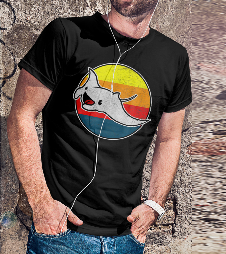 80s Retro Rad Manta Ray By Kawai Vintage Sunset Stripes T-Shirt