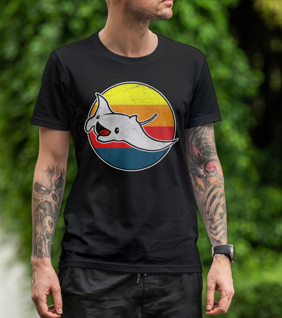 80s Retro Rad Manta Ray By Kawai Vintage Sunset Stripes T-Shirt