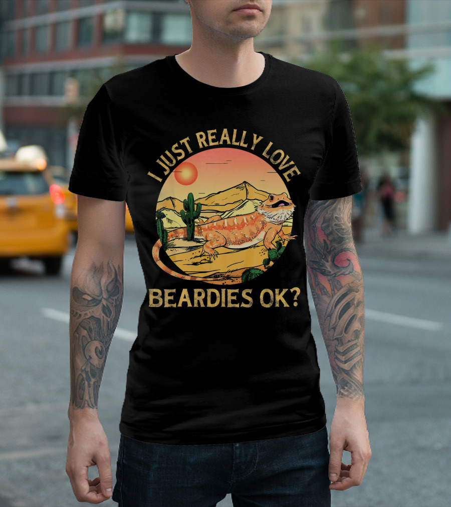 I Just Really Love Beardies Ok Bearded Dragon Cactus Sunset Desert T-Shirt