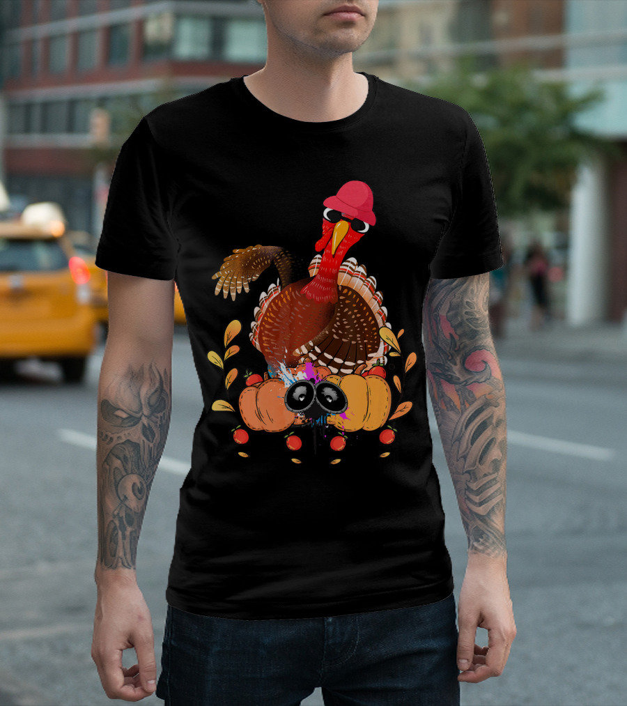 Thanksgiving Dabbing Turkey With Pumpkins And Leaves T-Shirt