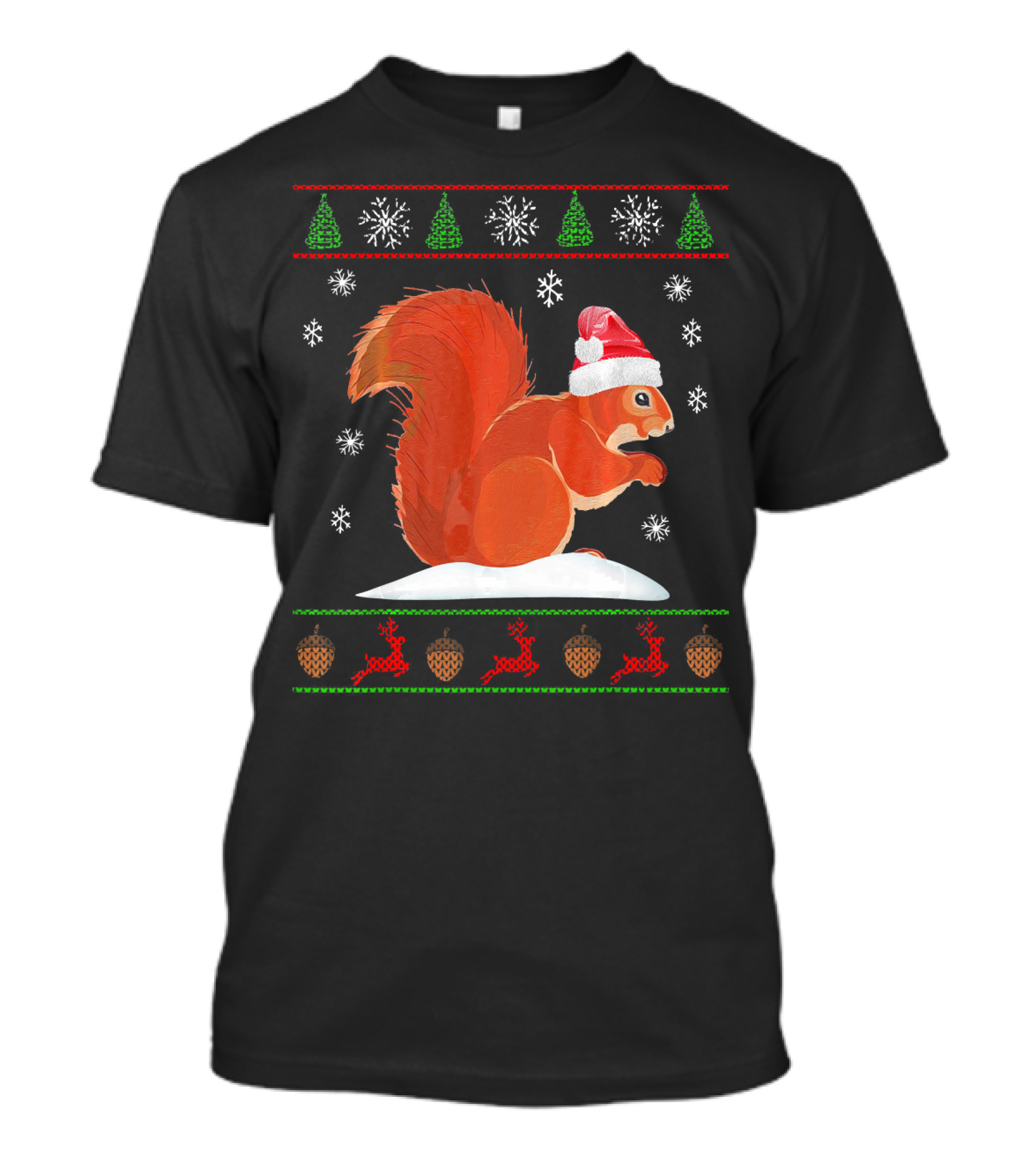 Cute Squirrel Santa Hat Snowflakes Pine Trees Reindeer Acorns T-Shirt