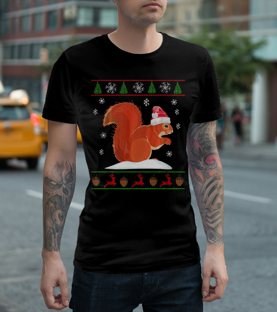 Cute Squirrel Santa Hat Snowflakes Pine Trees Reindeer Acorns T-Shirt