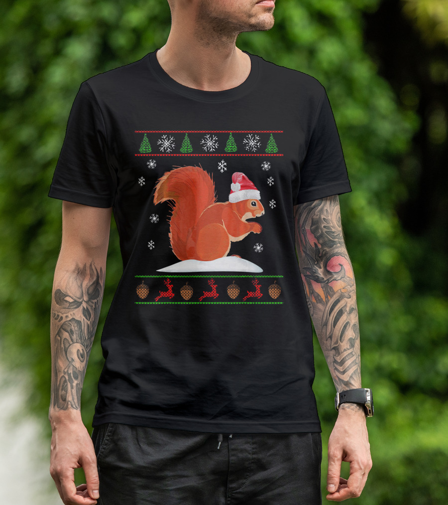 Cute Squirrel Santa Hat Snowflakes Pine Trees Reindeer Acorns T-Shirt