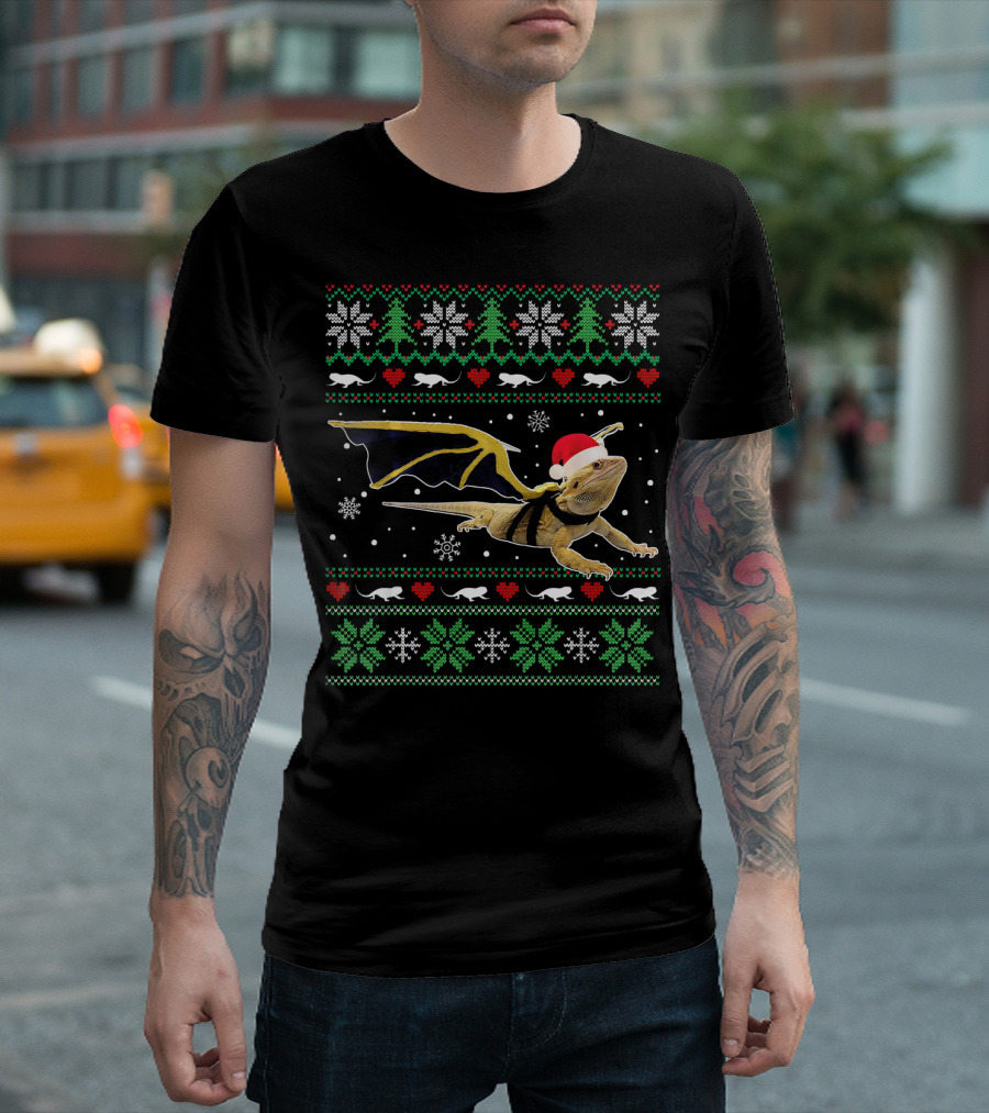 Bearded Dragon Santa Hat Ugly Christmas Sweater with Snowflakes and Hearts T-Shirt