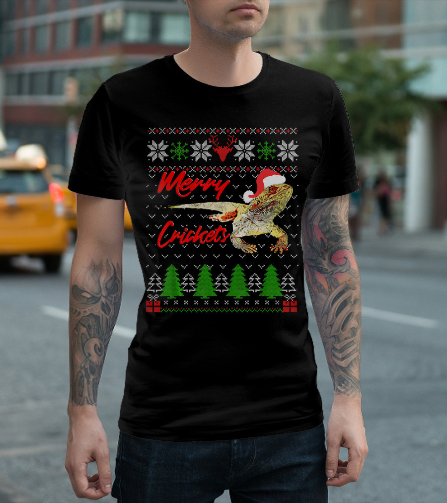 Merry Crickets Christmas Bearded Dragon Santa Hat Ugly T-Shirt