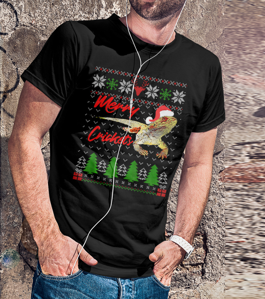 Merry Crickets Christmas Bearded Dragon Santa Hat Ugly T-Shirt