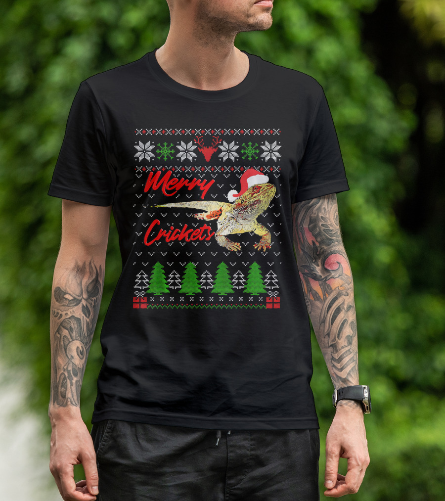 Merry Crickets Christmas Bearded Dragon Santa Hat Ugly T-Shirt