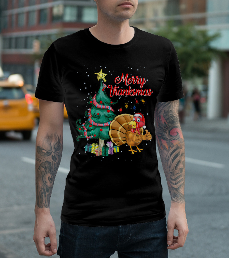 Merry Thanksmas Christmas Tree Turkey with Santa Hat and Presents T-Shirt