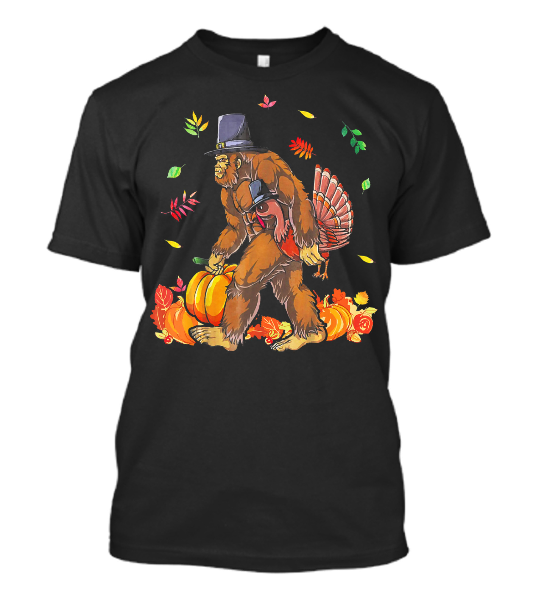 Thanksgiving Bigfoot Pilgrim With Turkey And Pumpkins T-Shirt