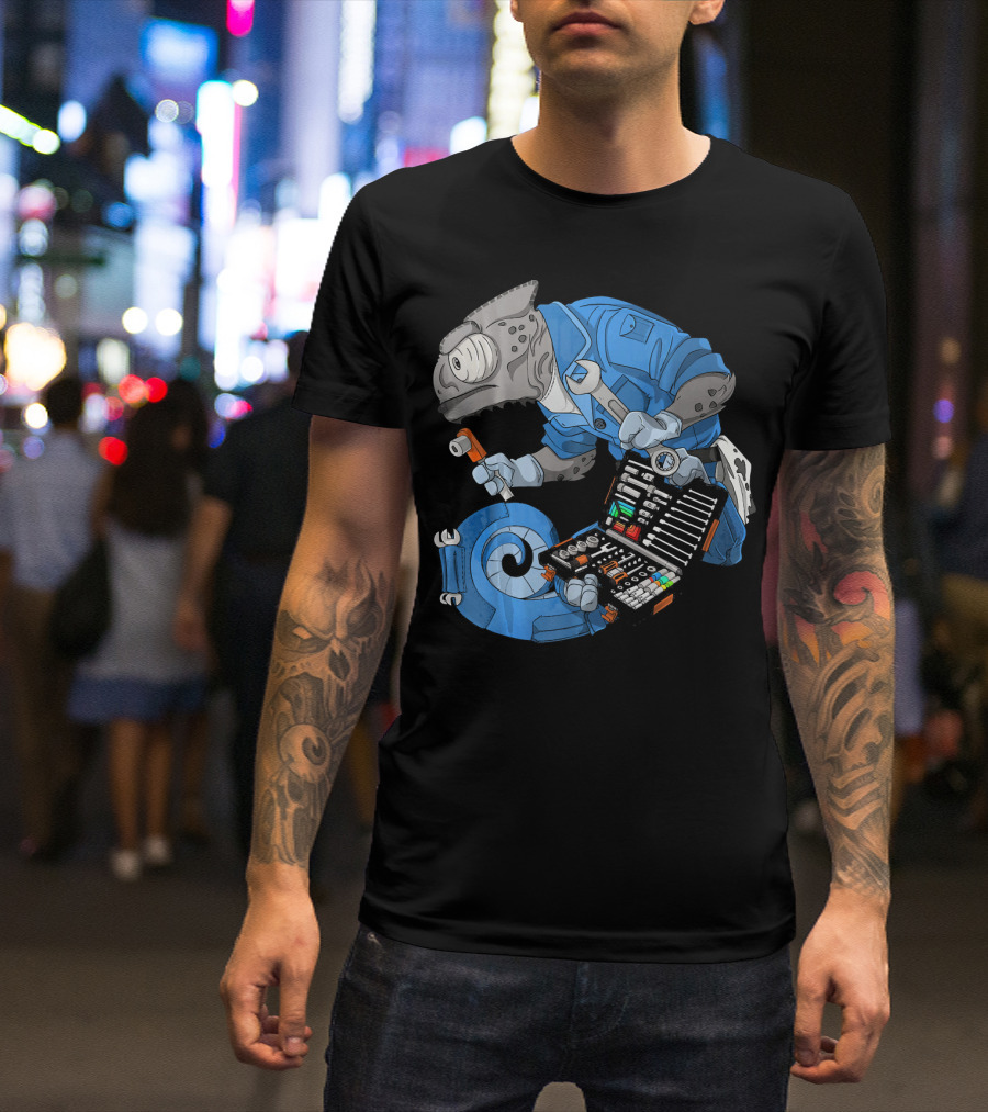 Chameleon Mechanic Legion Craft Series With Tools And Blue Overalls T-Shirt