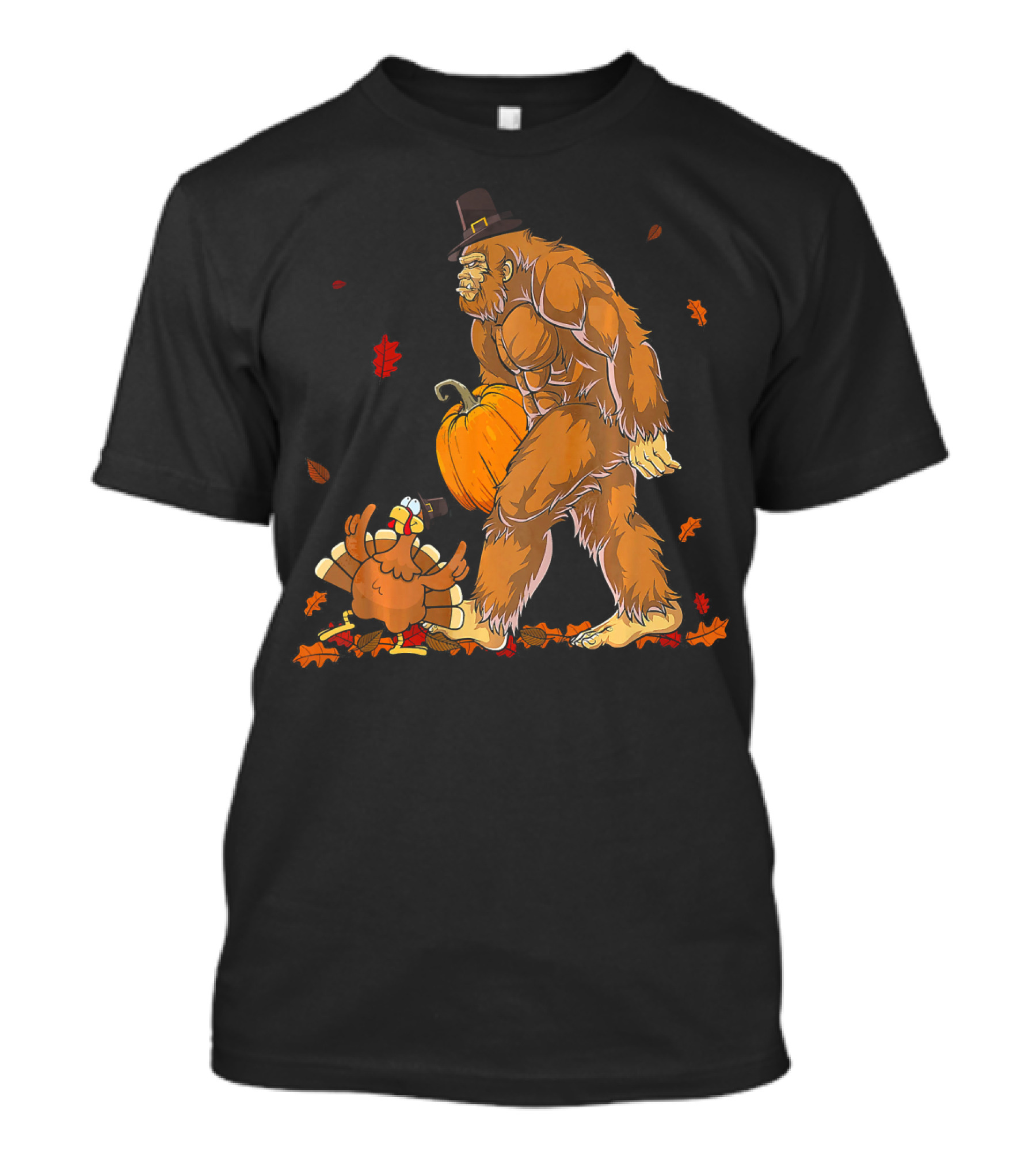 Bigfoot Pilgrim With Turkey And Pumpkin Grateful Thanksgiving T-Shirt