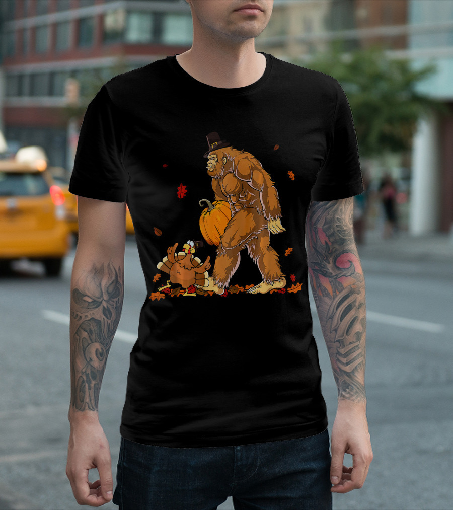Bigfoot Pilgrim With Turkey And Pumpkin Grateful Thanksgiving T-Shirt