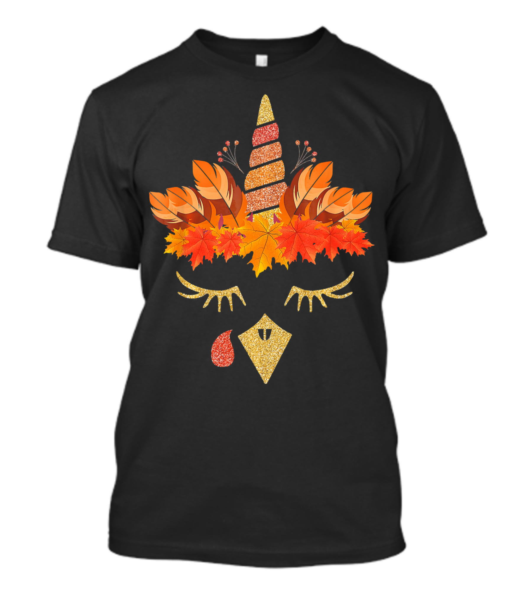 Autumn Leaves Turkey And Unicorn Face T-Shirt