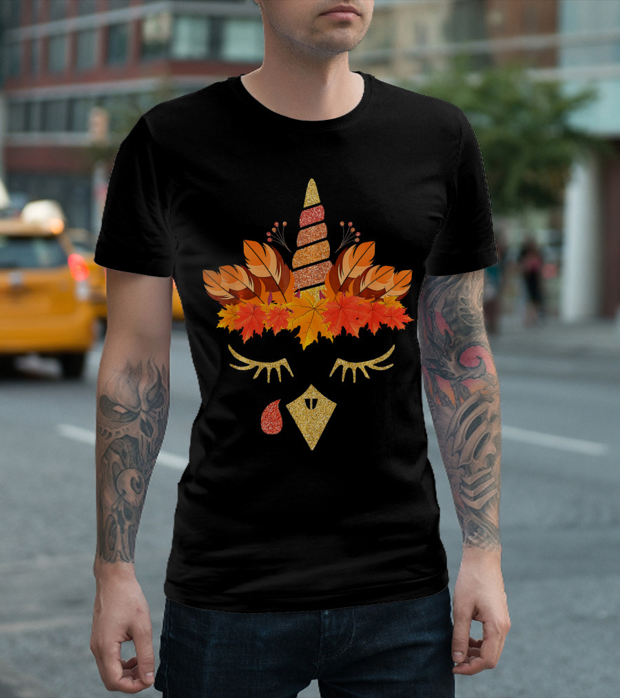 Autumn Leaves Turkey And Unicorn Face T-Shirt