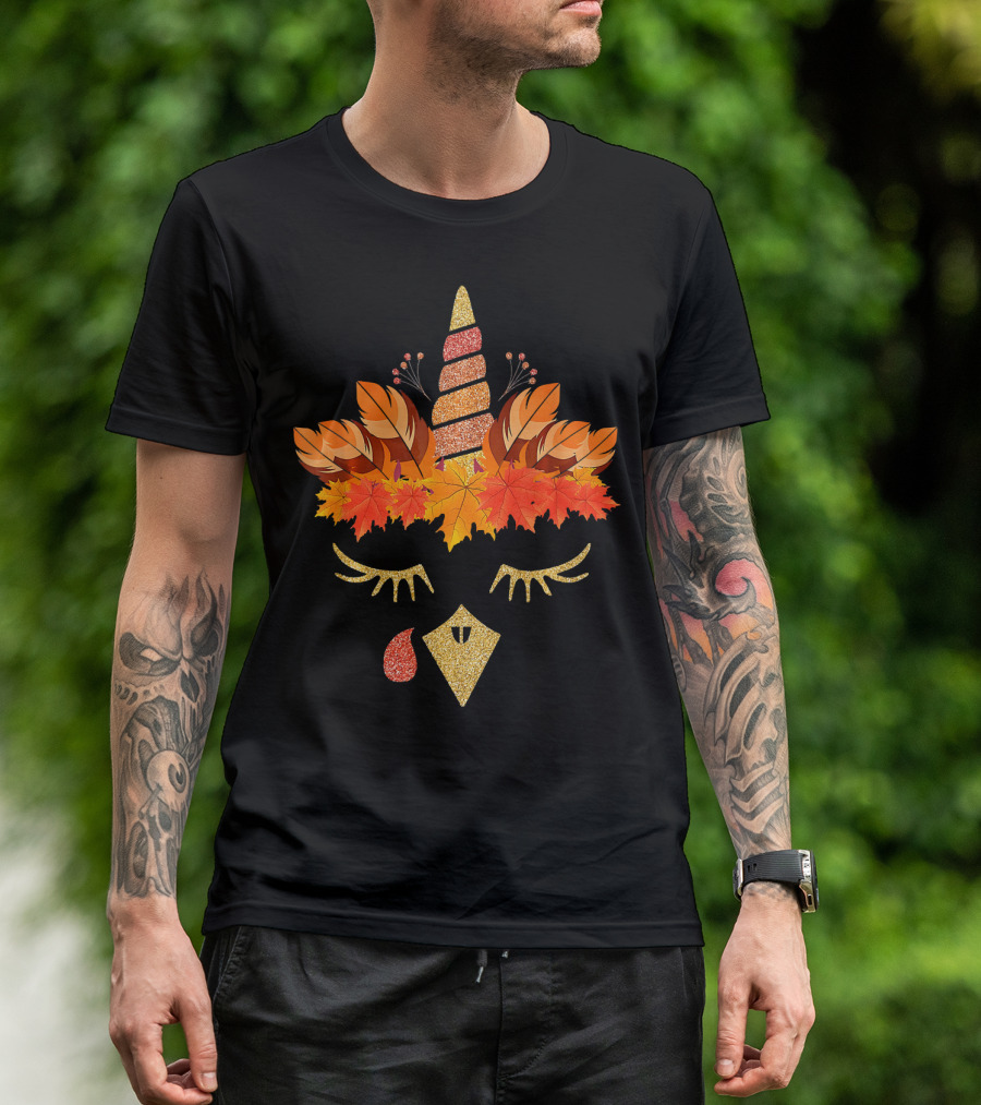 Autumn Leaves Turkey And Unicorn Face T-Shirt