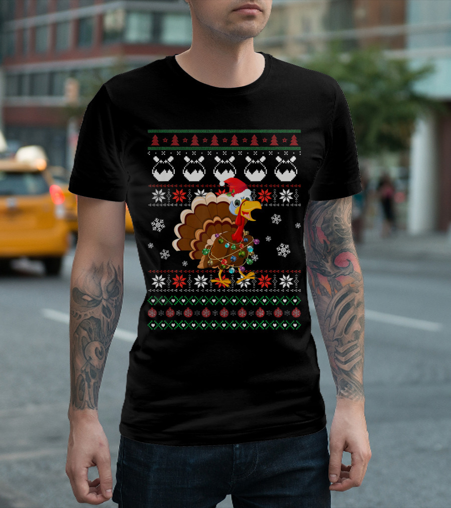 Cute Turkey Santa Hat Ugly Christmas Light T-Shirt