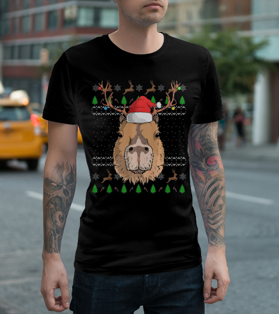 Capybara Santa Claus Hat Reindeer Antlers Christmas Sweater Pattern Snowflakes Trees T-Shirt