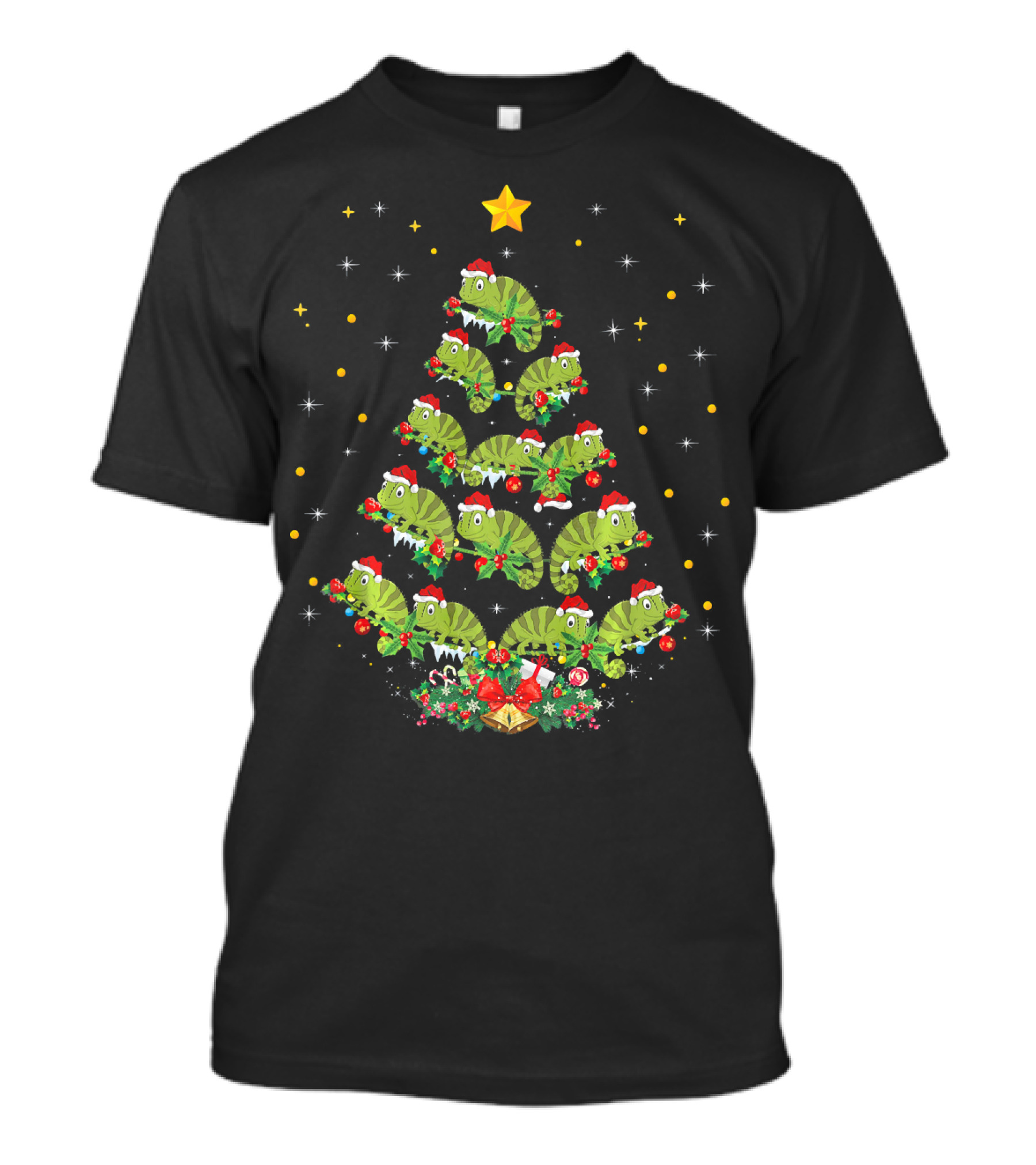 Chameleon Christmas Tree With Santa Hats And Holiday Ornaments T-Shirt