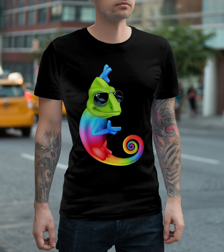 Chameleon Cool Cartoon Sunglasses Rainbow Spiral T-Shirt