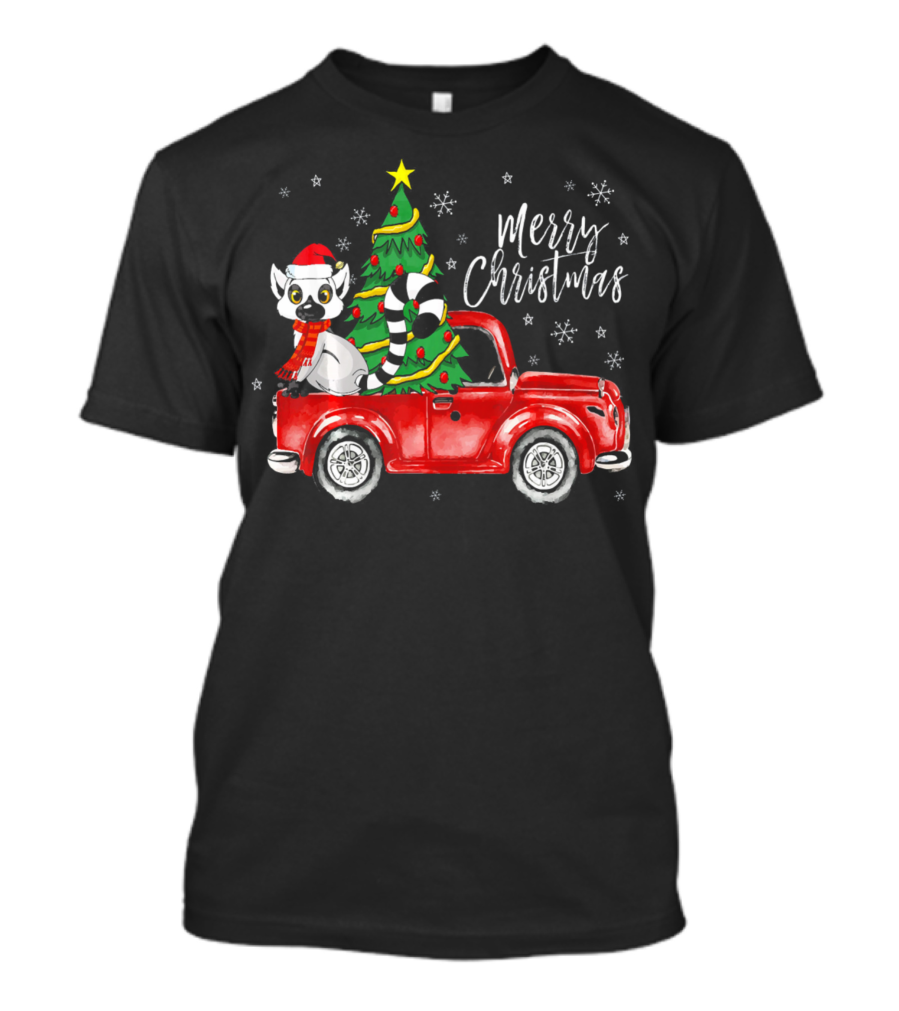 Merry Christmas Cute Lemur In Red Truck With Christmas Tree T-Shirt
