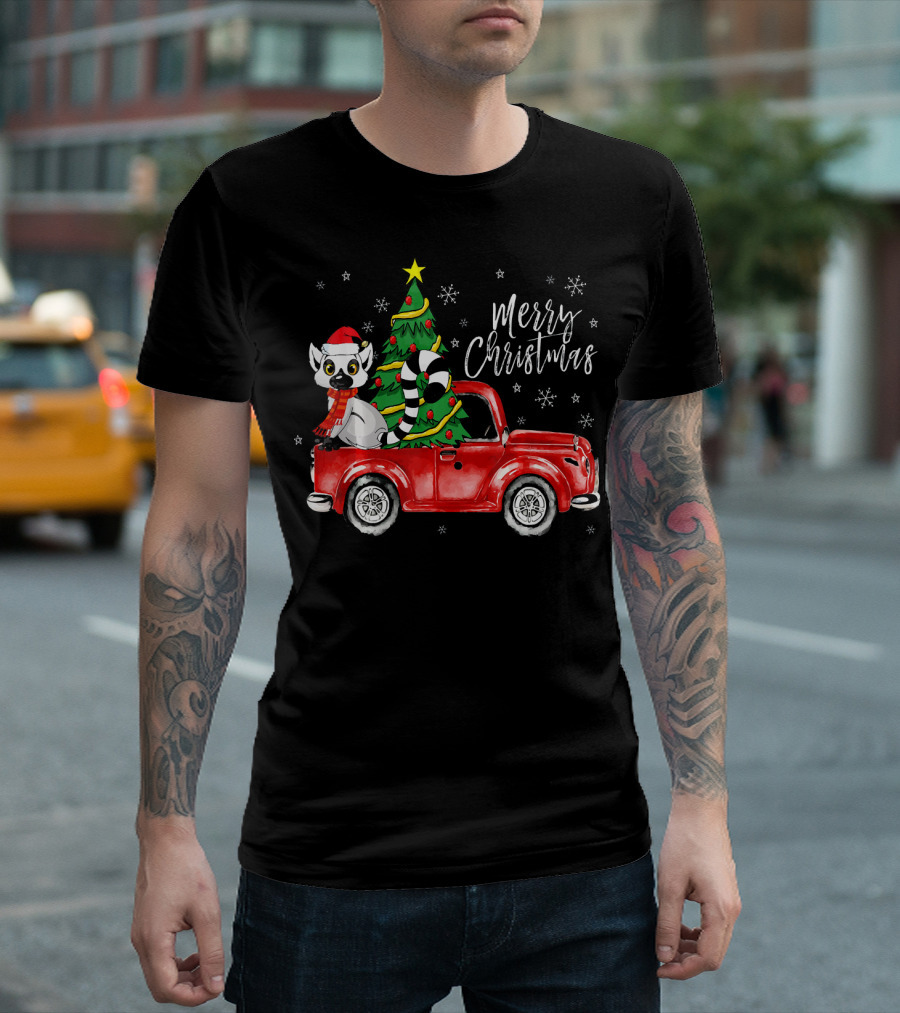 Merry Christmas Cute Lemur In Red Truck With Christmas Tree T-Shirt