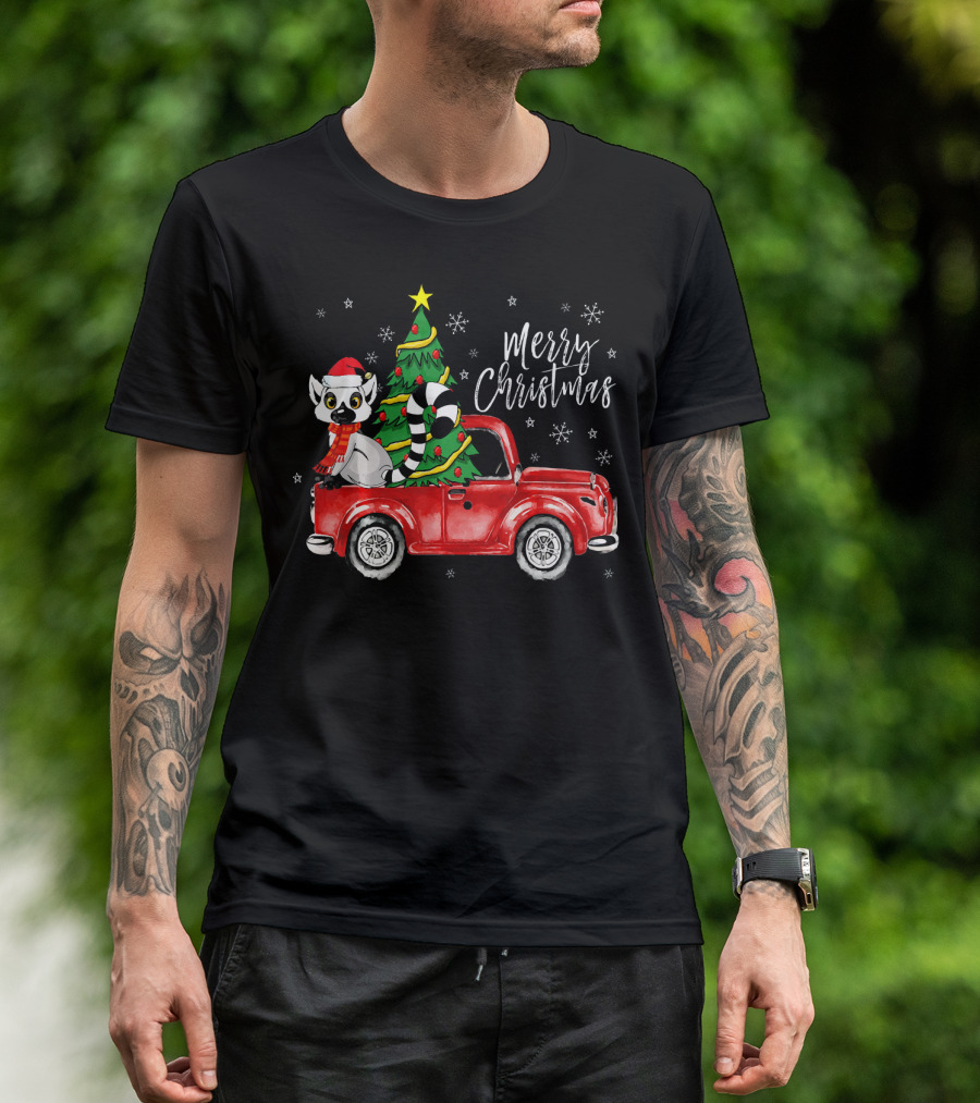 Merry Christmas Cute Lemur In Red Truck With Christmas Tree T-Shirt