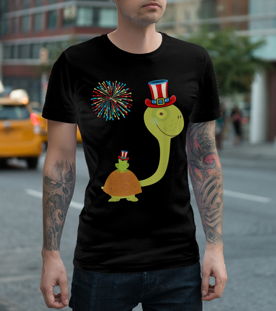 4th of July Tortoise and Turtle with Fireworks and Patriotic Hats T-Shirt