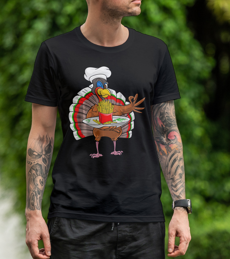 Cute Turkey Chef Serving French Fries With Tray T-Shirt