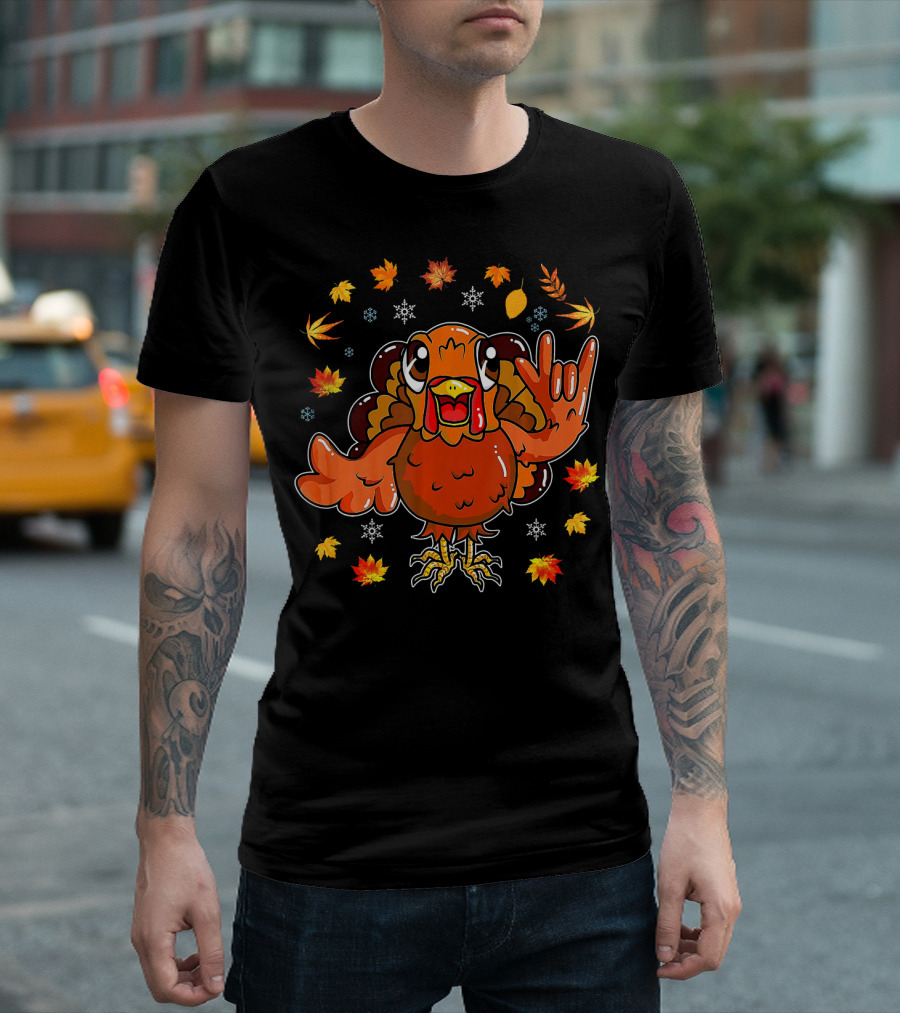 American Sign Language I Love You Thanksgiving Turkey with Autumn Leaves T-Shirt