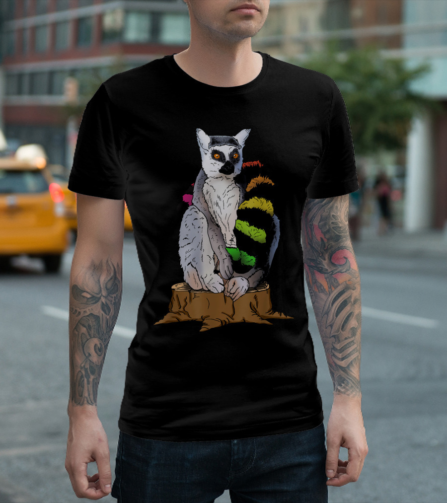 Colorful Lemur with Multicolored Tail Sitting on Tree Stump T-Shirt