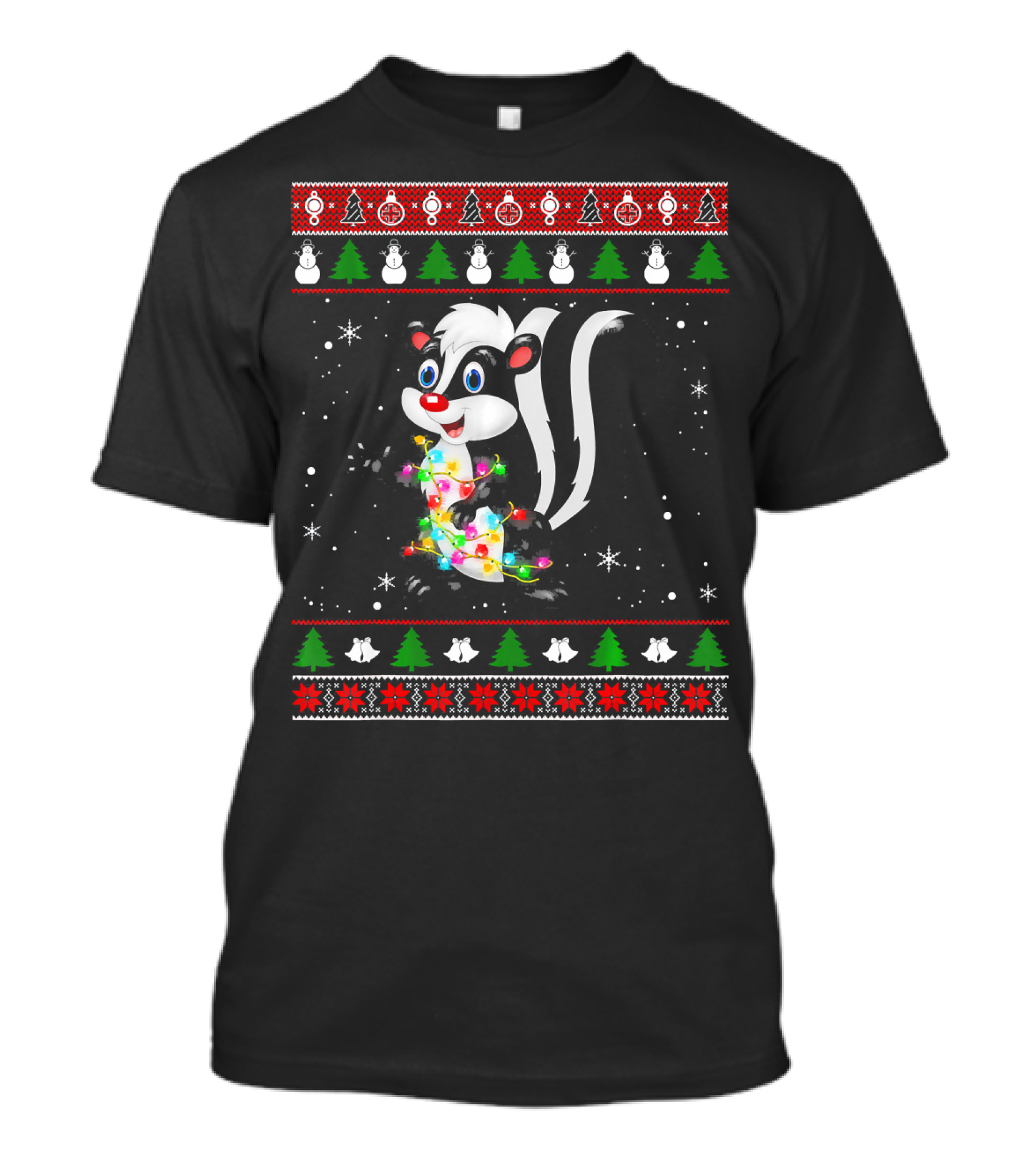 Skunk Wrapped In Colorful Christmas Lights With Snowflakes And Holiday Icons T-Shirt