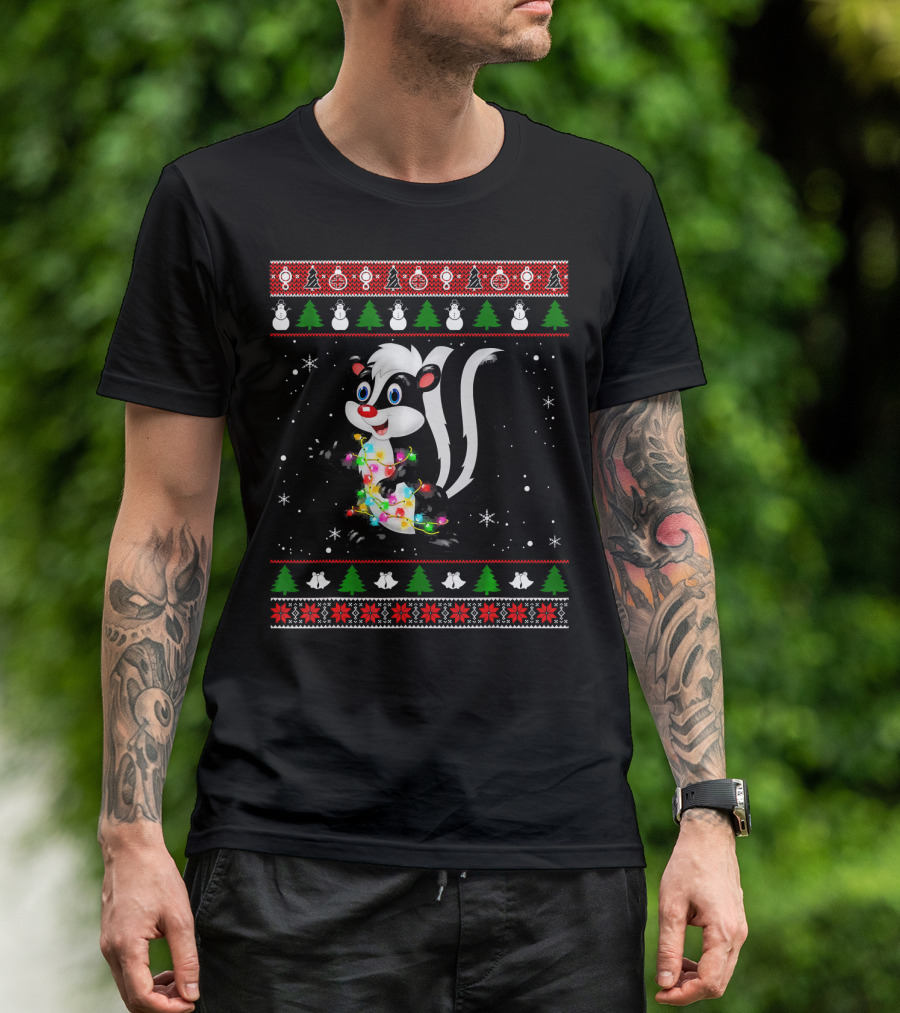 Skunk Wrapped In Colorful Christmas Lights With Snowflakes And Holiday Icons T-Shirt