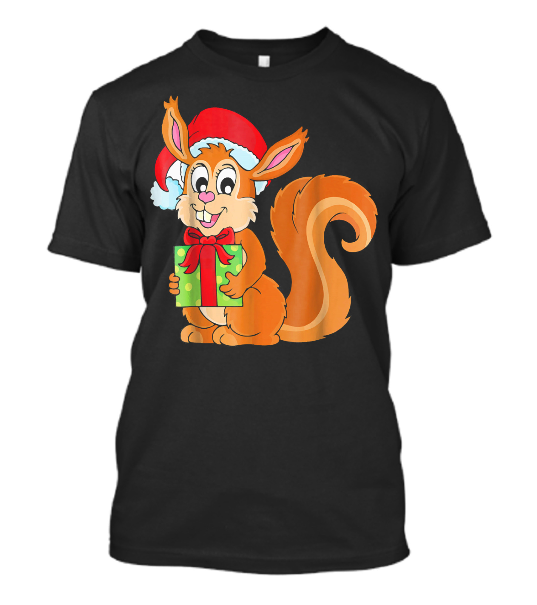 Cute Santa Squirrel Holding A Green Gift Box T-Shirt