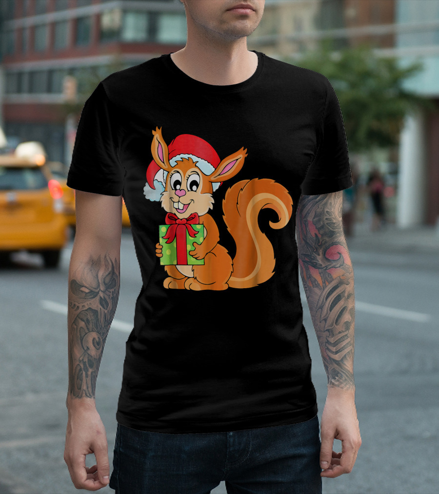 Cute Santa Squirrel Holding A Green Gift Box T-Shirt