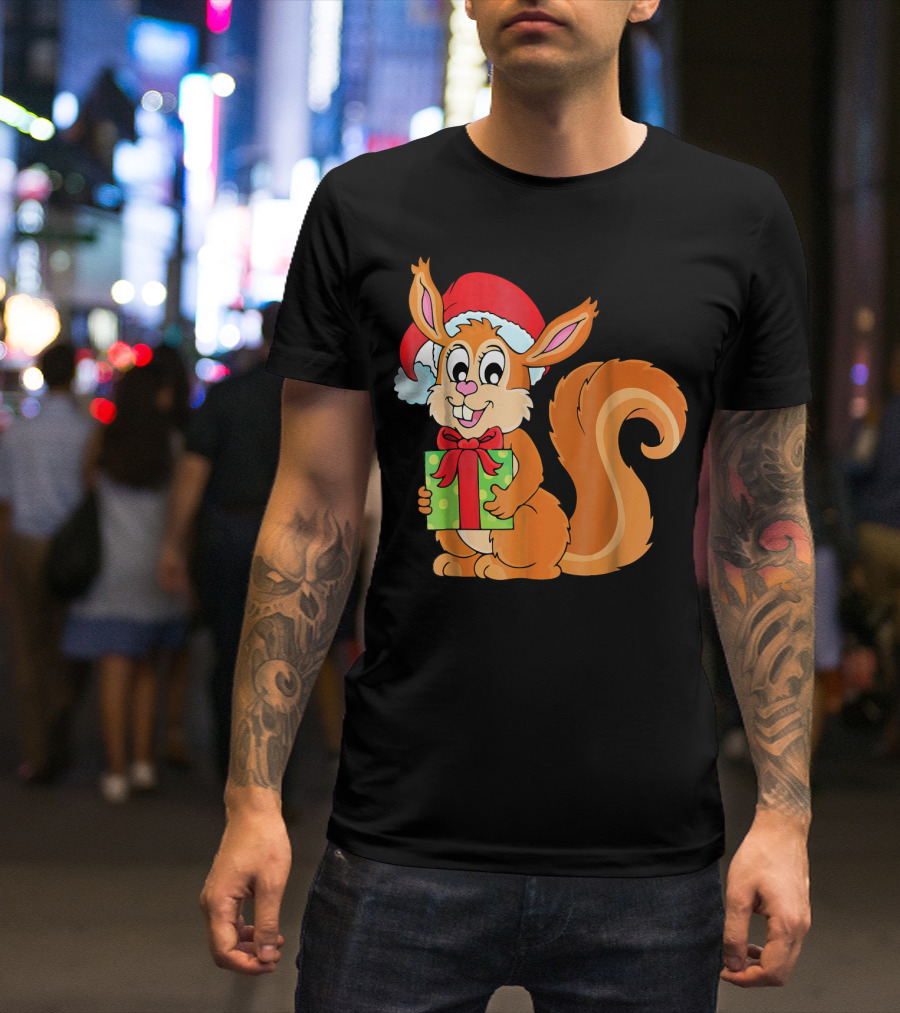 Cute Santa Squirrel Holding A Green Gift Box T-Shirt