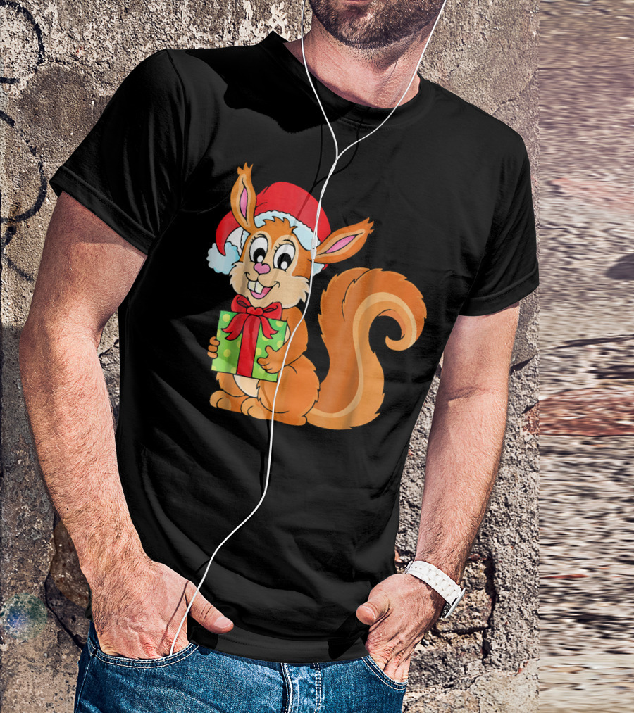 Cute Santa Squirrel Holding A Green Gift Box T-Shirt