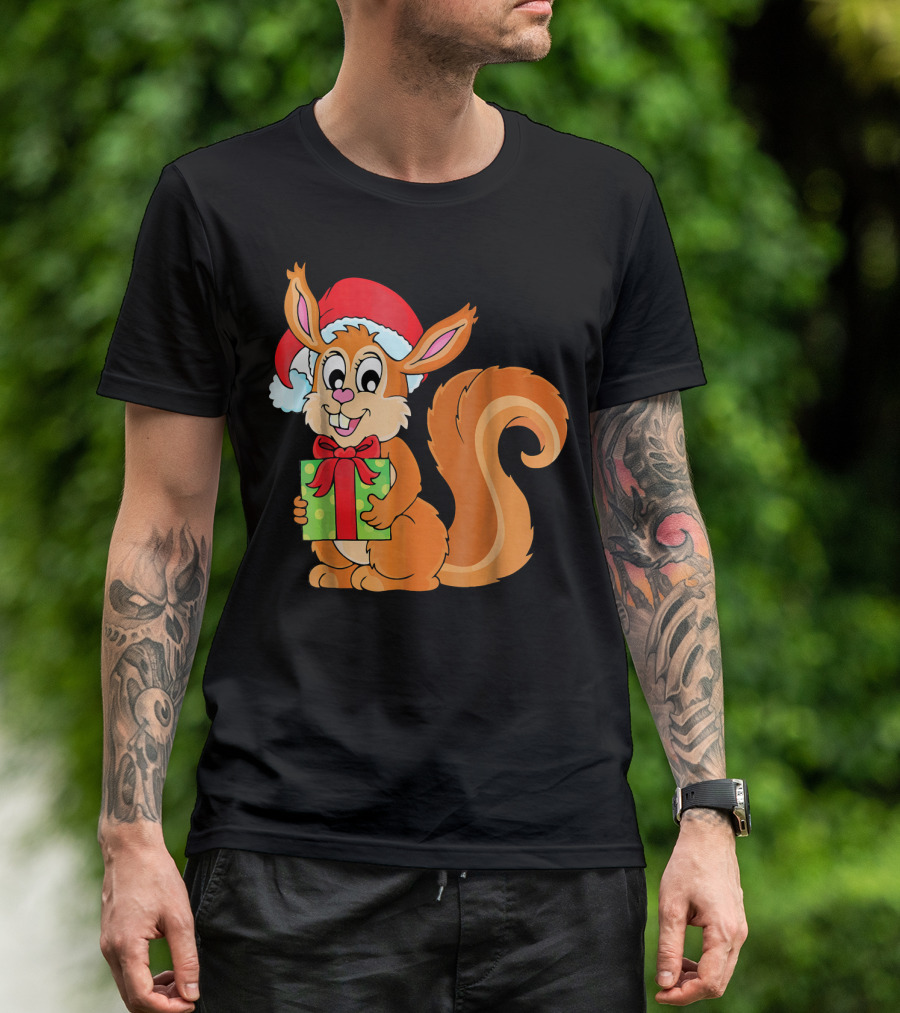 Cute Santa Squirrel Holding A Green Gift Box T-Shirt