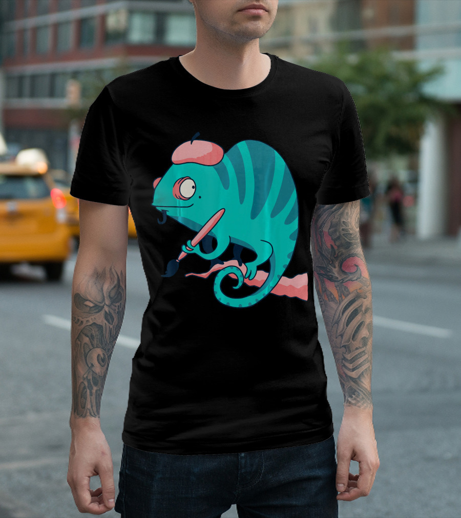 Chameleon Painter Funny Cartoon Art Brush Hat T-Shirt