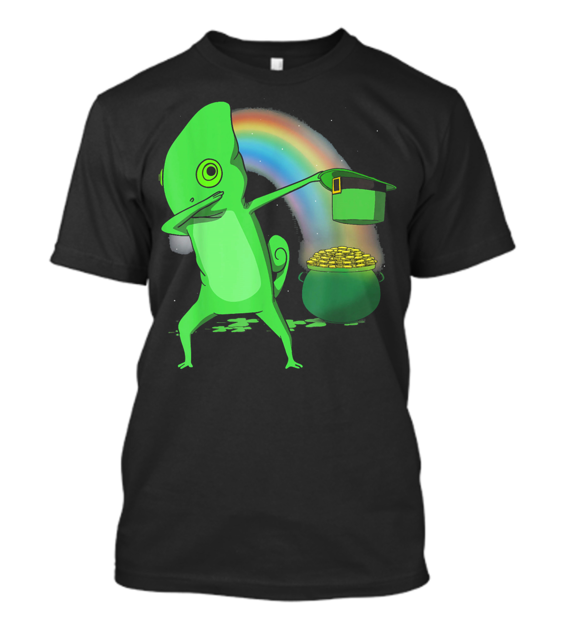 Dabbing Chameleon Leprechaun With Rainbow And Pot Of Gold St Patricks T-Shirt
