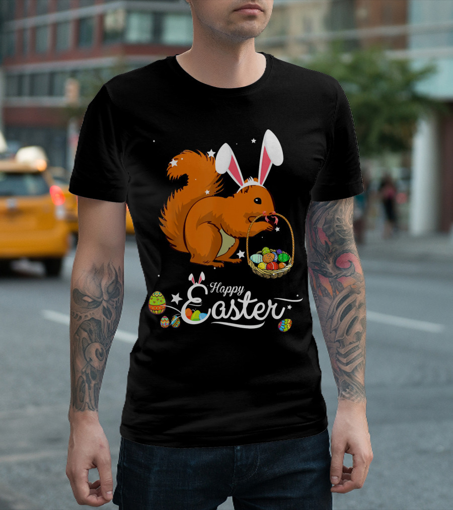 Happy Easter Squirrel Whisperer With Bunny Ears Carrying Basket Of Colorful Eggs T-Shirt
