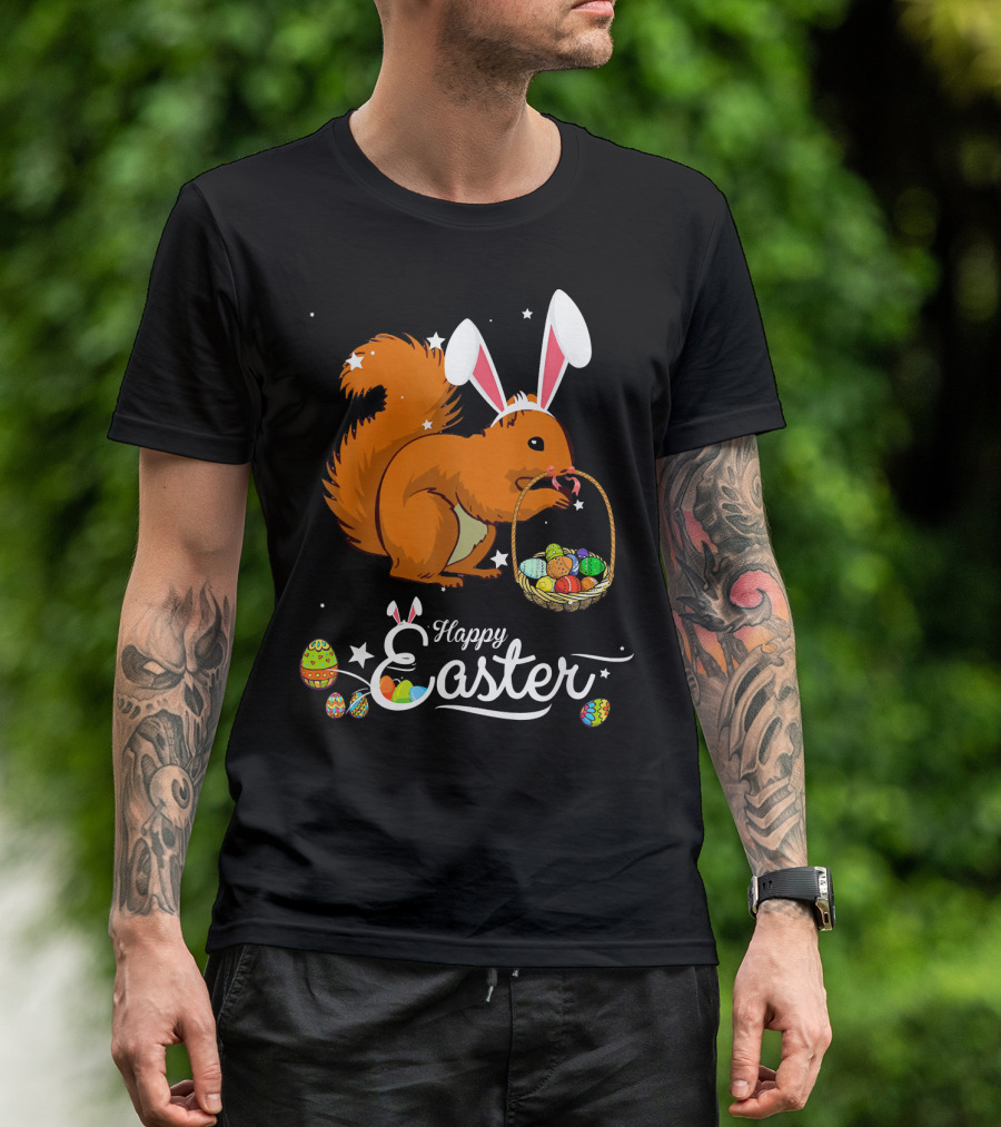 Happy Easter Squirrel Whisperer With Bunny Ears Carrying Basket Of Colorful Eggs T-Shirt
