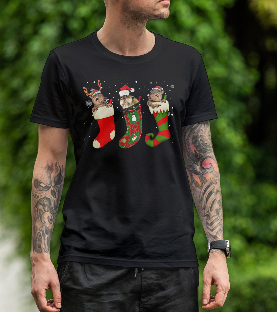 Christmas Santa Squirrel In Festive Holiday Stockings T-Shirt