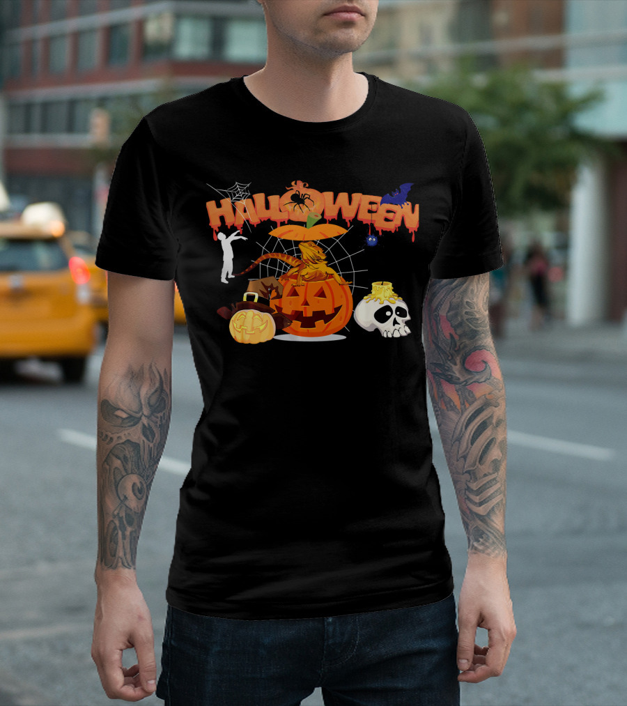 Halloween Bearded Dragon Pumpkin Witch Zombie Skull T-Shirt