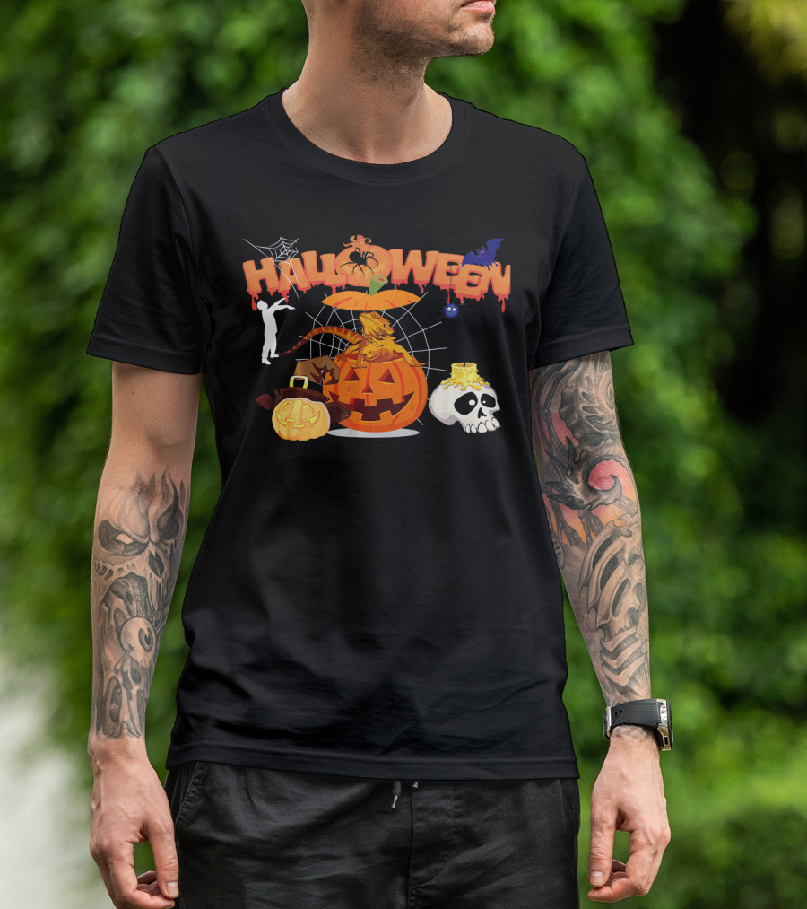 Halloween Bearded Dragon Pumpkin Witch Zombie Skull T-Shirt